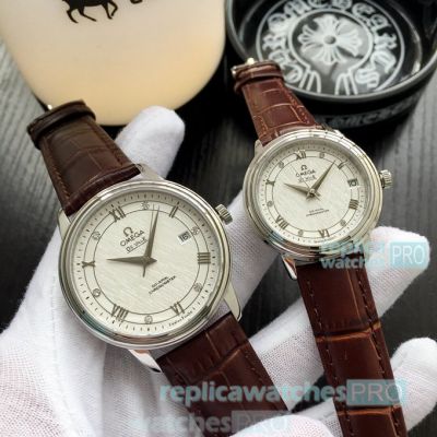 Best Copy Omega De Ville Couple Watch Brown Leather Strap 40mm & 28mm